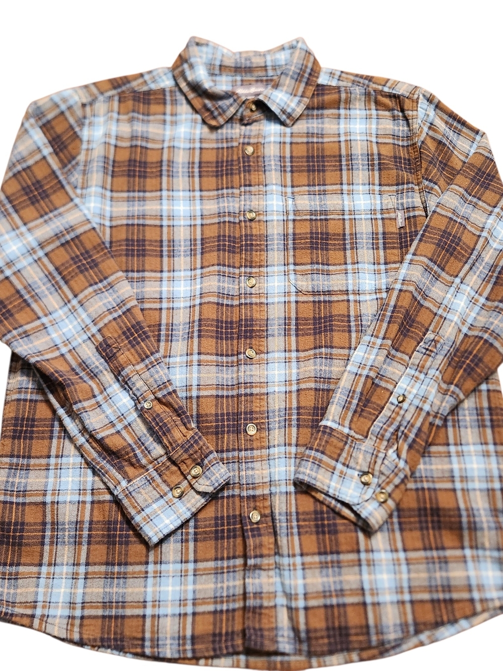 Vintage Legacy Plaid Flannel Eddie Bauer Brown Blue Cotton Shirt Heritage Size L